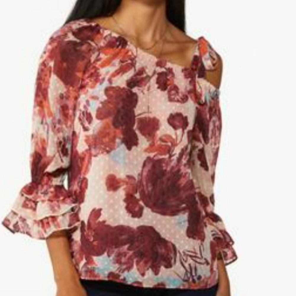 Cut Dot Woven Blouse Off Shoulder Tie In Elderberry Wine Blush Floral Print - Picture 3 of 3